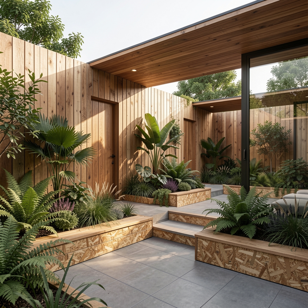 Espacio exterior moderno con madera reciclada y vegetación