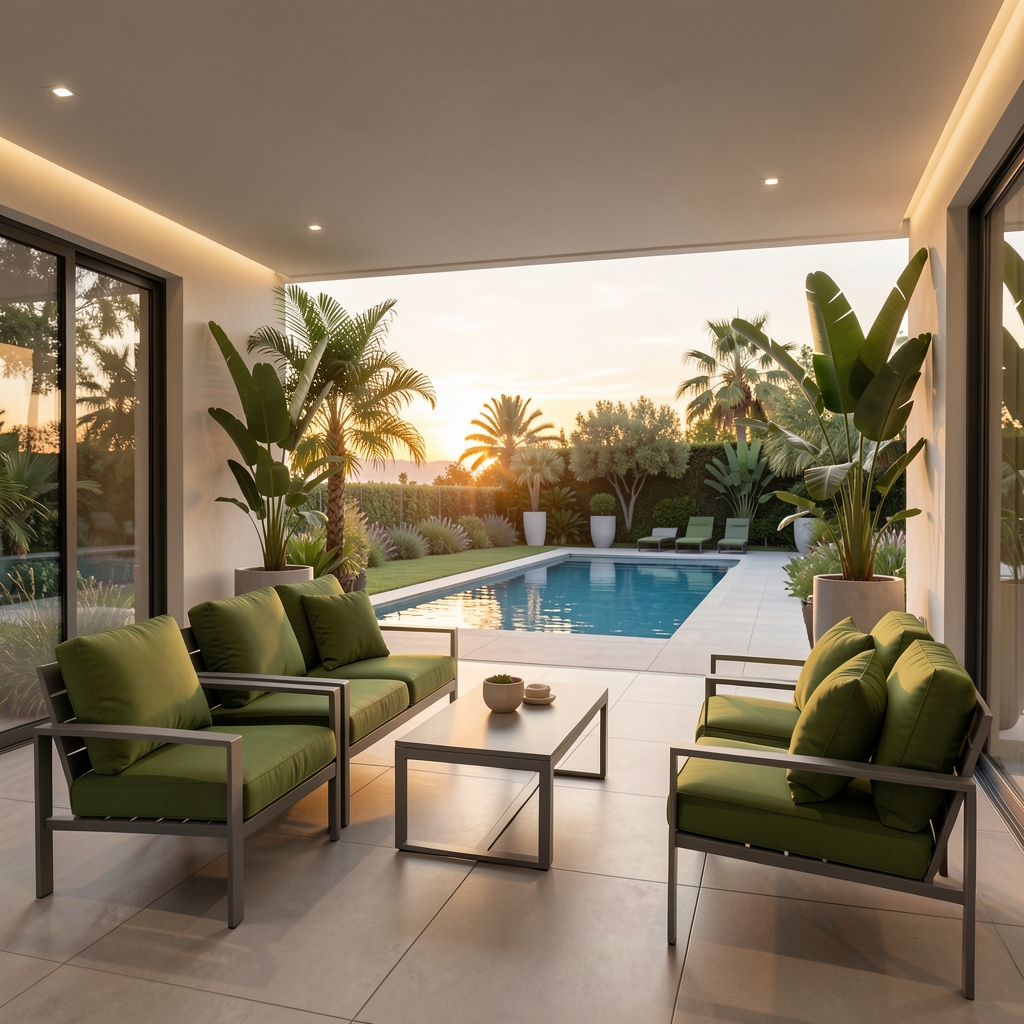 Terraza moderna con muebles de aluminio gris y cojines verdes, iluminación LED de ambiente, plantas tropicales en macetones altos y vista panorámica a jardín con piscina al atardecer
