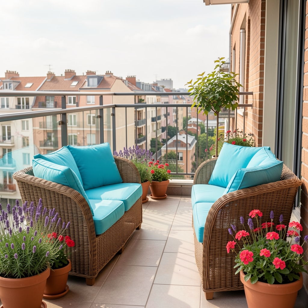 Balcón urbano decorado con sillones compactos de ratán cojines turquesa y macetas con lavanda y geranios