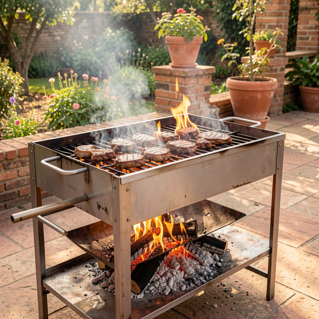 Parrilla a carbón de acero inoxidable con fuego encendido y carnes asándose en terraza al aire libre argentina