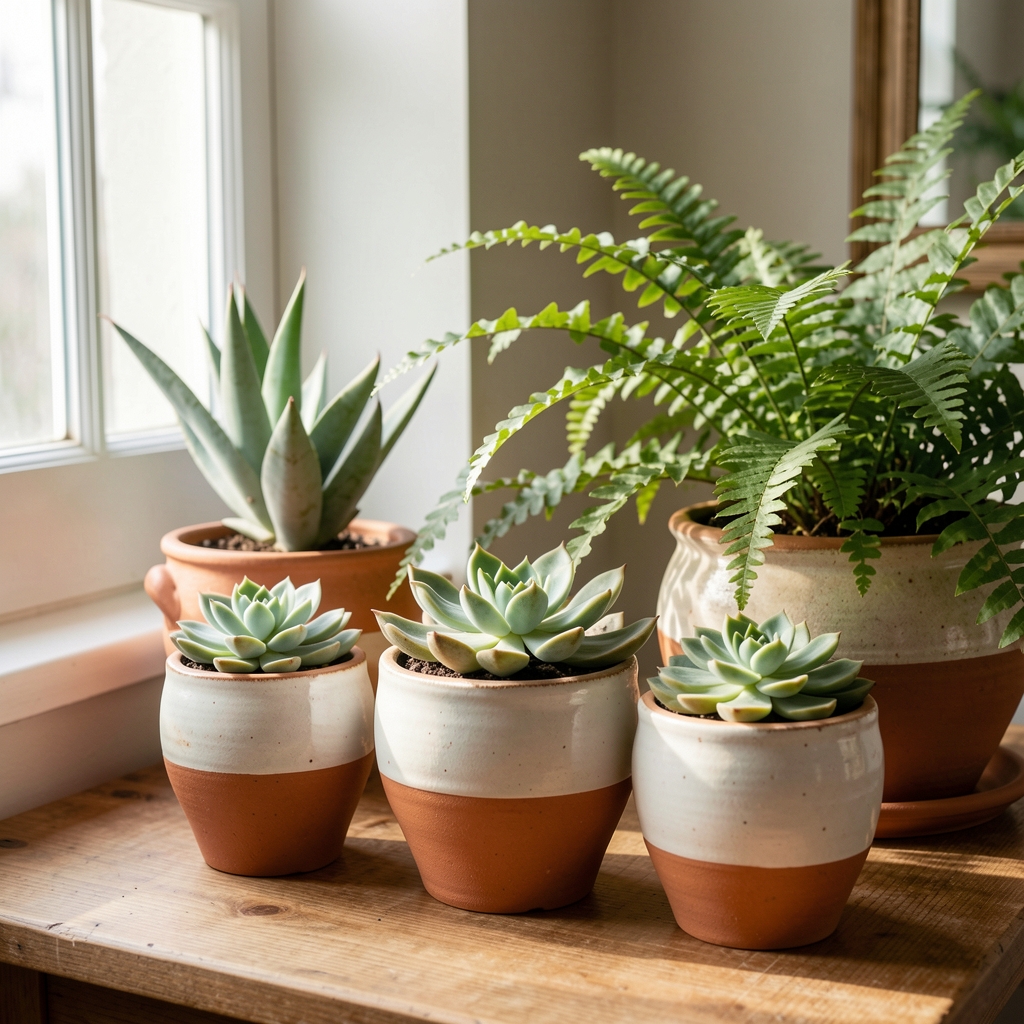 Macetas de cerámica artesanal en tonos terracota y blanco con plantas suculentas y helechos en interior luminoso