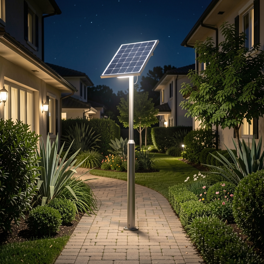 Farola de pie para jardín en aluminio fundido color antracita, altura 180cm, con cabezal cuadrado estilo clásico, junto a arbusto podado en jardín residencial