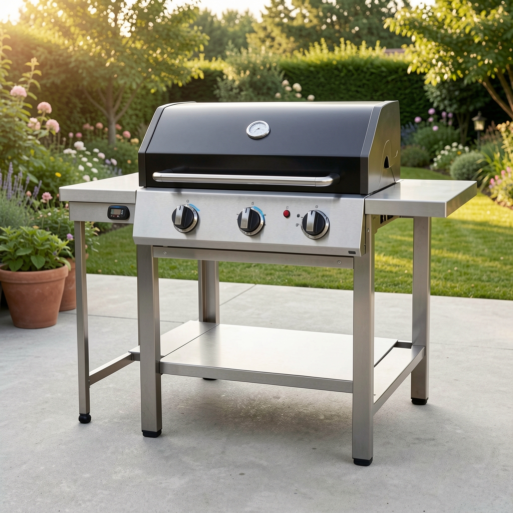 Grill a gas de 3 quemadores en acero inoxidable cepillado con tapa negra, mesada lateral plegable, termómetro integrado, sobre terraza de cemento con vista al jardín