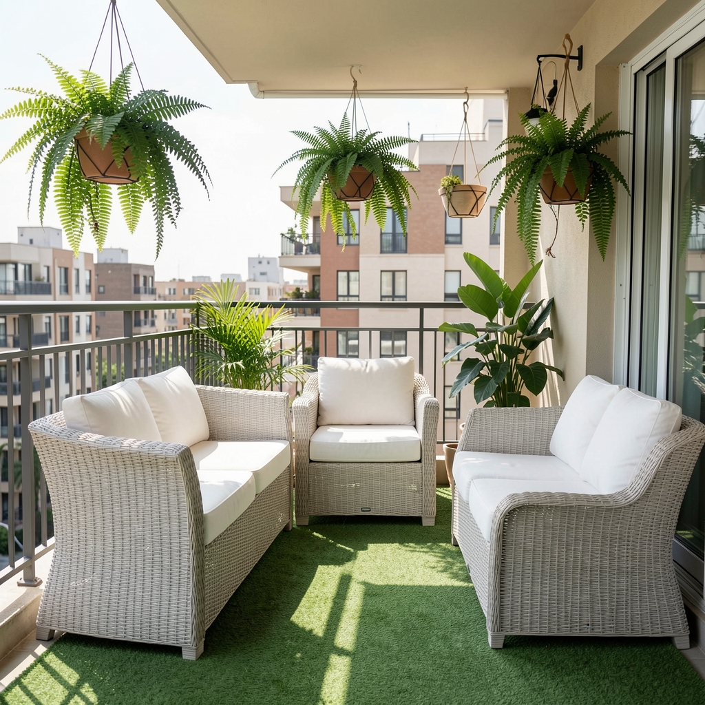 Guía de decoración de balcón urbano con sillones compactos de ratán sintético blanco, macetas colgantes con helechos y alfombra de exterior verde