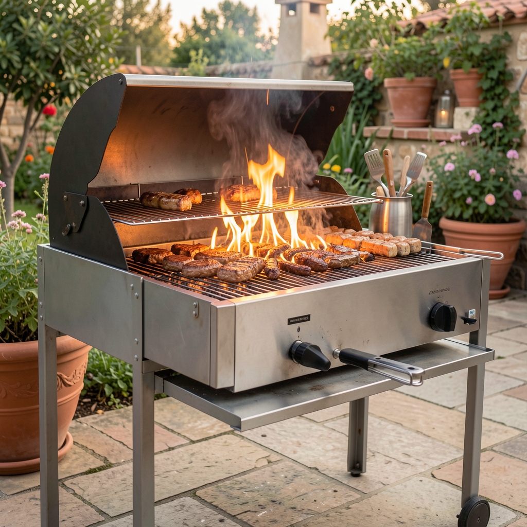 Guía de barbacoas y parrillas argentinas mostrando parrilla criolla de acero inoxidable encendida en terraza con asador y utensilios de cocina
