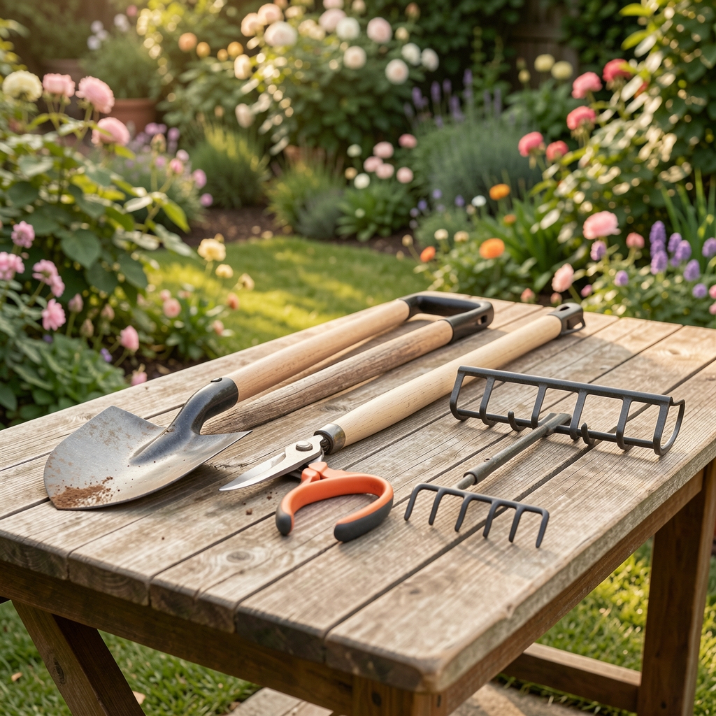 Guía de herramientas de jardinería mostrando set completo de pala de trasplante, tijeras de podar y rastrillo sobre mesa de madera en jardín