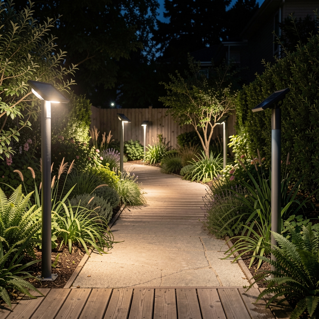 Guía de iluminación exterior con faroles LED solares y luces de camino iluminando jardín nocturno con plantas y deck de madera