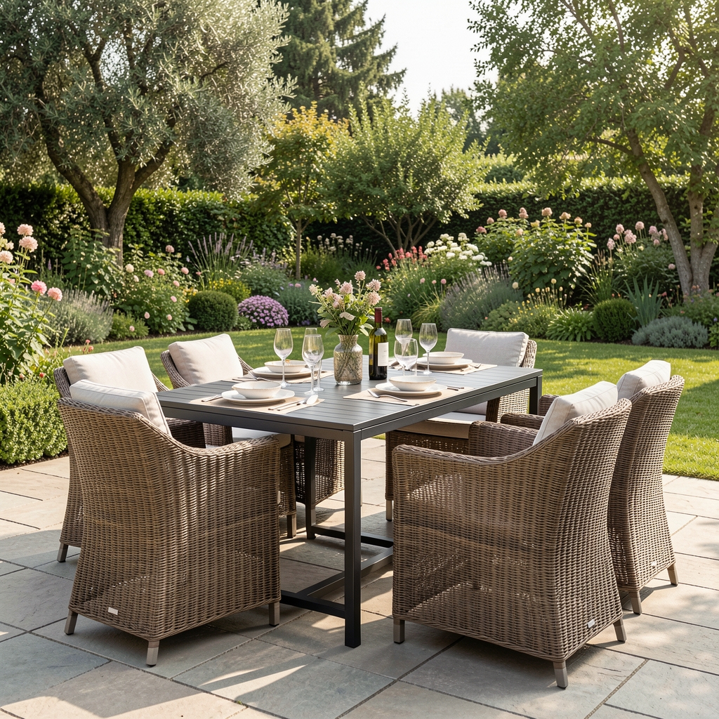 Guía de compra de muebles de jardín mostrando juego de comedor de aluminio y sillones de ratán en terraza con jardín verde de fondo
