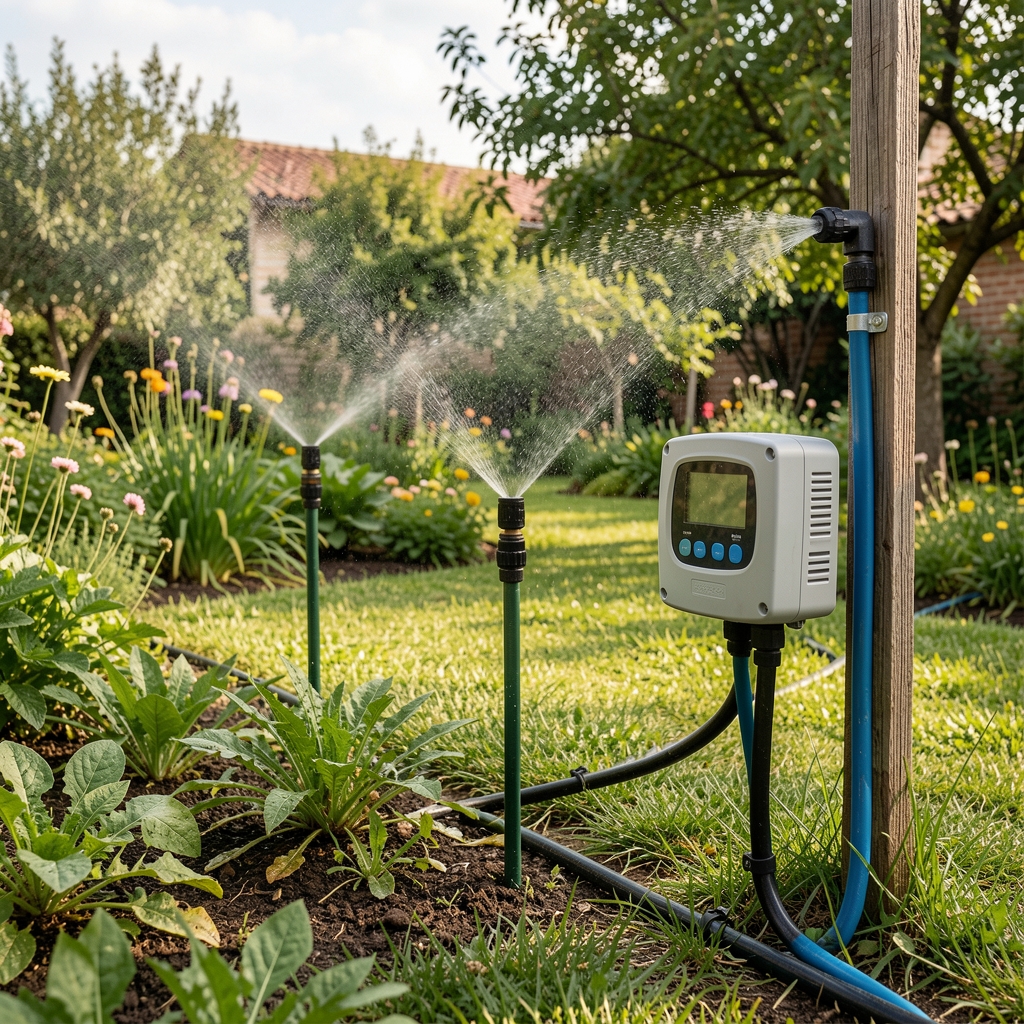 Guía de riego automático mostrando sistema de goteo instalado con aspersores y controlador digital en jardín argentino verde