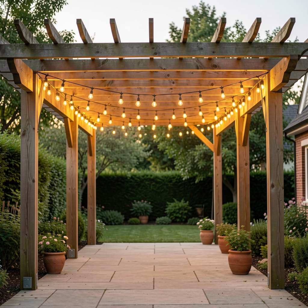 Guirnalda de luces LED blancas cálidas para exterior, colgada en una terraza con muebles de jardín de madera y plantas colgantes al atardecer