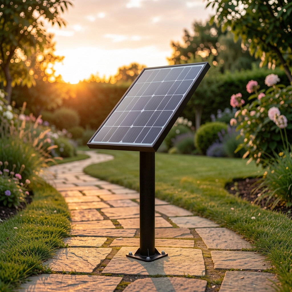 Farol solar de jardín en aluminio negro con panel solar integrado, luz LED cálida, resistente al agua IP65, sobre camino de adoquines rodeado de plantas verdes