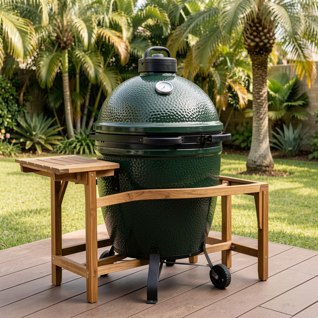 Kamado de cerámica verde oscuro tamaño grande 56cm, con termómetro de cúpula, mesa de madera de acacia desmontable, en jardín con piso de madera y palmeras