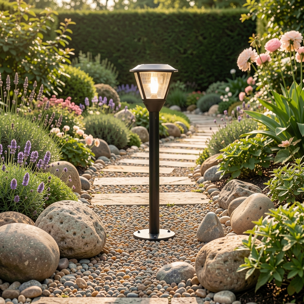 Luces de camino solares en acero inoxidable alineadas a lo largo de un sendero de jardín con piedras decorativas y vegetación baja, encendidas en la penumbra