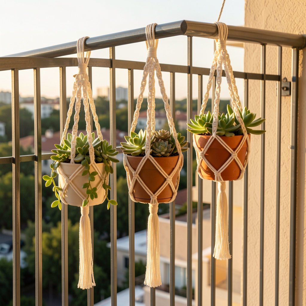 Maceteros colgantes de cuerda de macramé blanco con plantas suculentas verdes, colgados en barandas metálicas de balcón con luz cálida