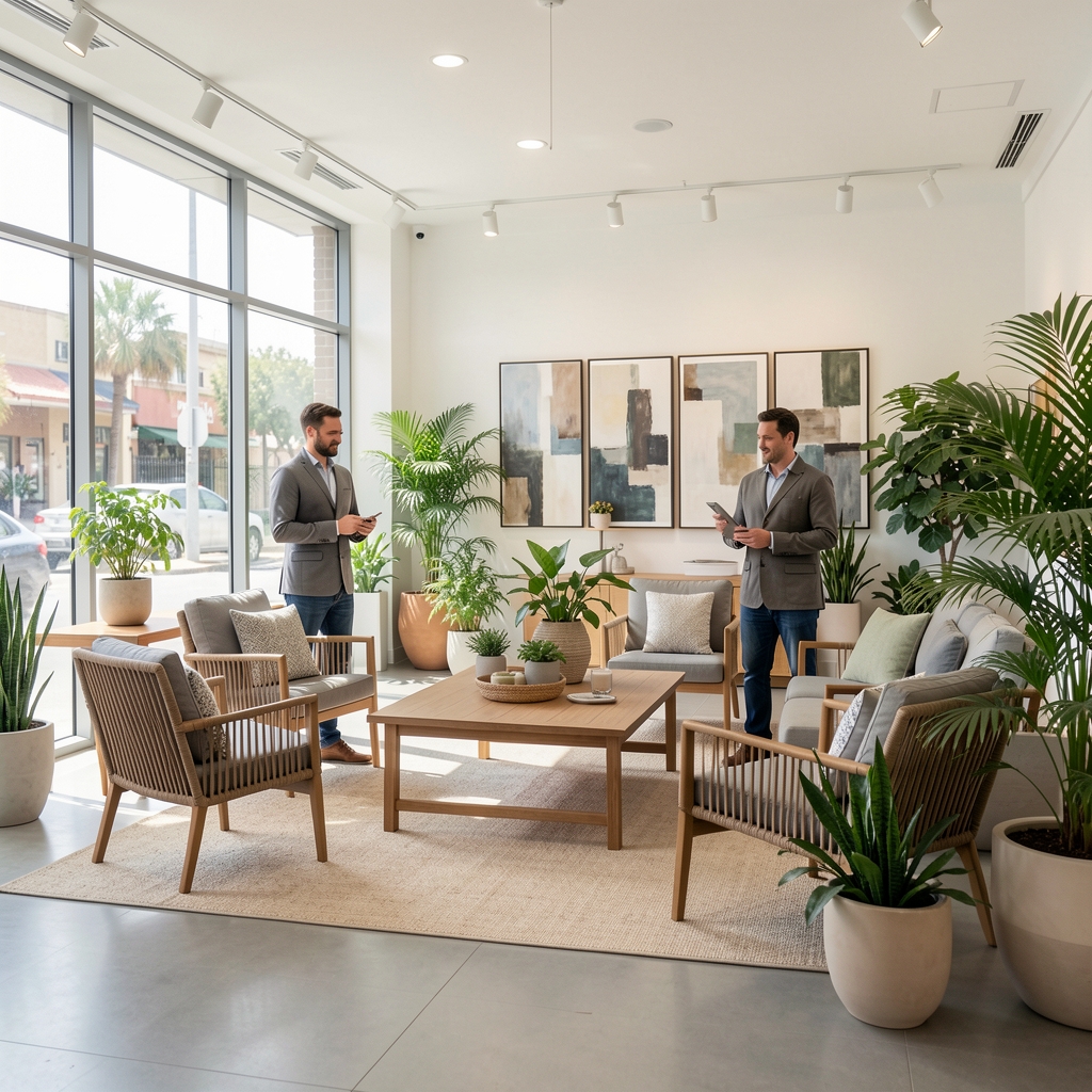 Equipo de Verdanova en el showroom de Salta con muebles de jardín y plantas decorativas, empleados en ambiente de trabajo moderno y luminoso