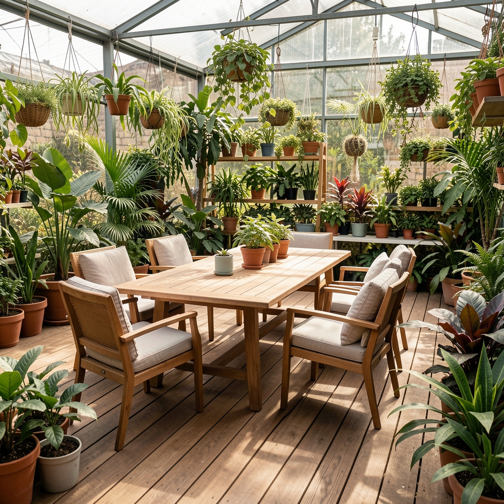 Equipo Verdanova en reunión en vivero de Salta rodeados de plantas y muebles de jardín premium sobre deck de madera natural