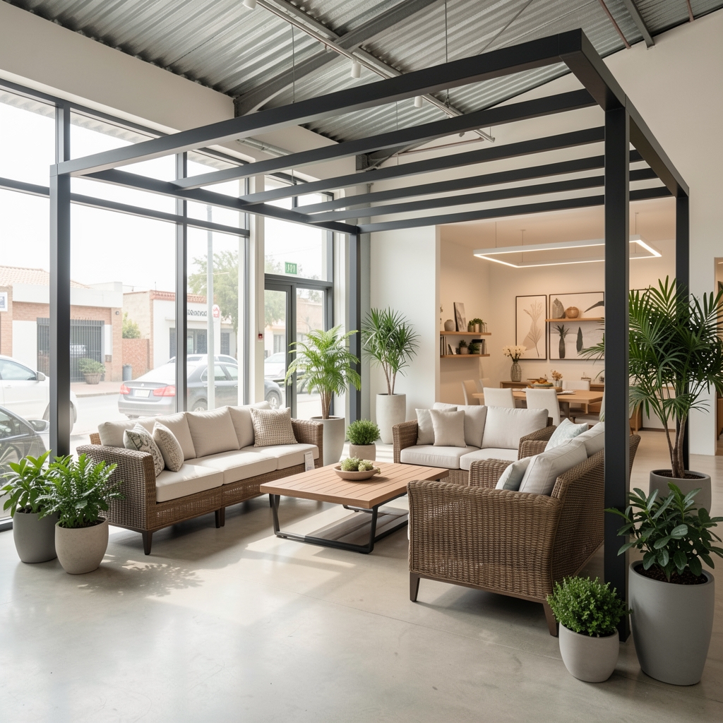Interior luminoso de showroom Verdanova en Salta con muebles de jardín exhibidos, pérgola de aluminio y macetones decorativos en espacio moderno