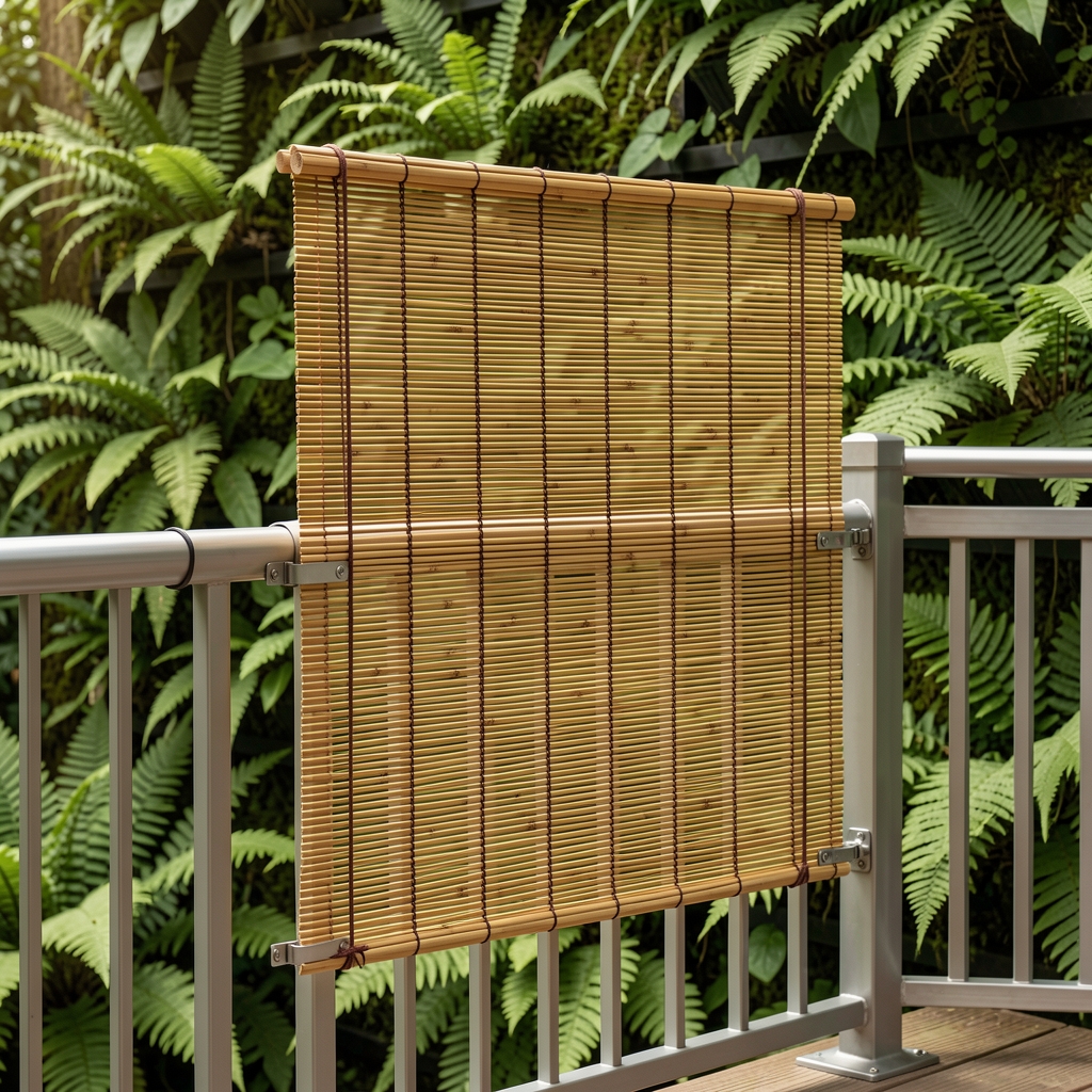 Pantalla de privacidad para balcón en bambú natural tejido, fijada con bridas inoxidables a baranda de aluminio, jardín vertical con helechos en fondo