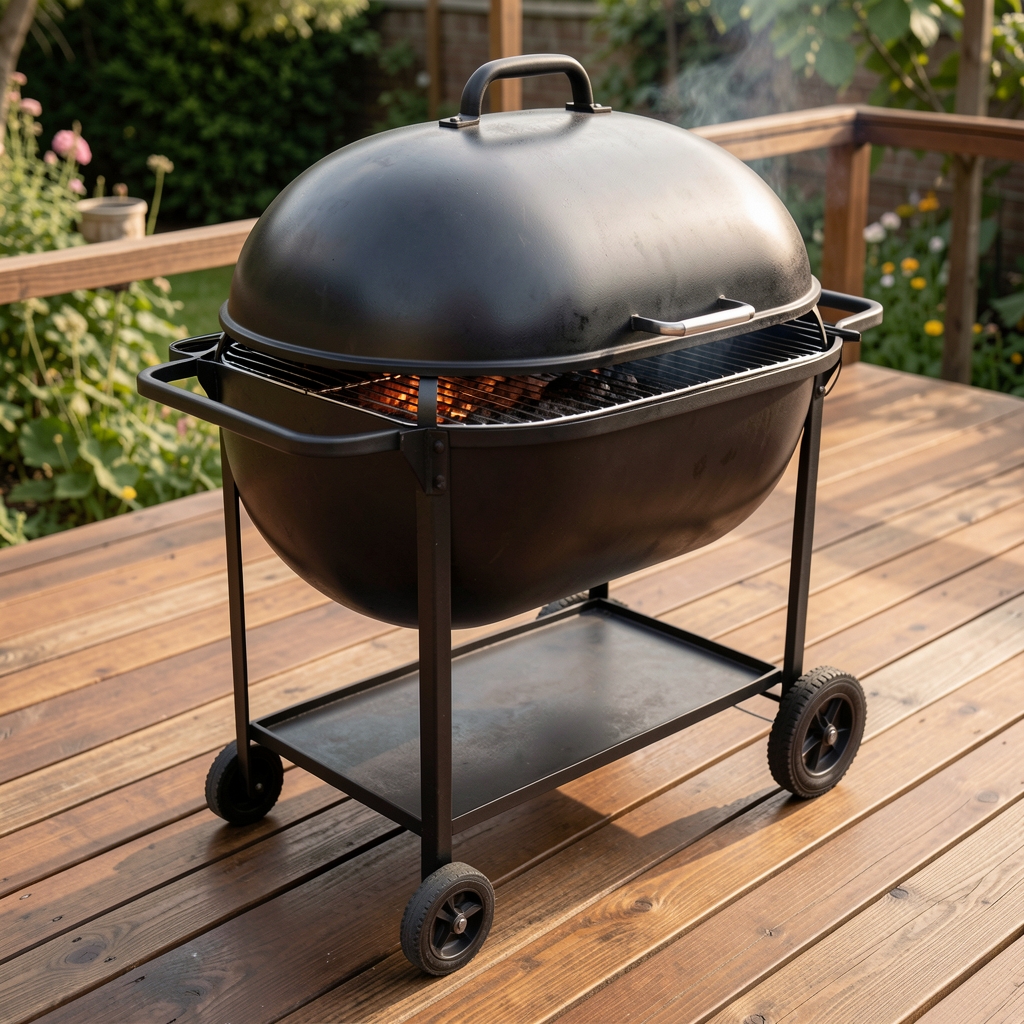 Parrilla de carbón clásica estilo argentino en acero al carbono con rejilla regulable en altura, ruedas y tapa domed, sobre deck de madera dura