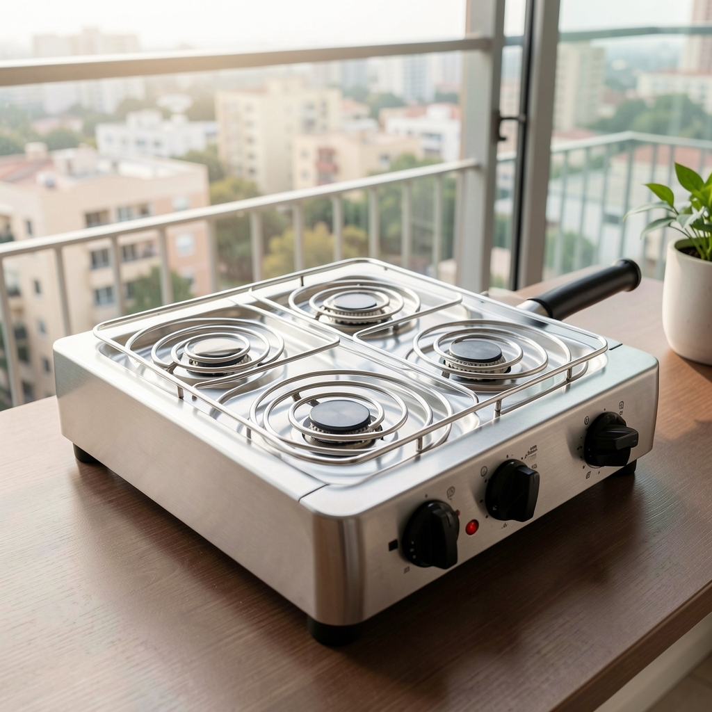 Parrilla eléctrica compacta de sobremesa en acero inoxidable, con resistencias de doble zona y bandeja recoge-grasas, ideal para balcón de departamento
