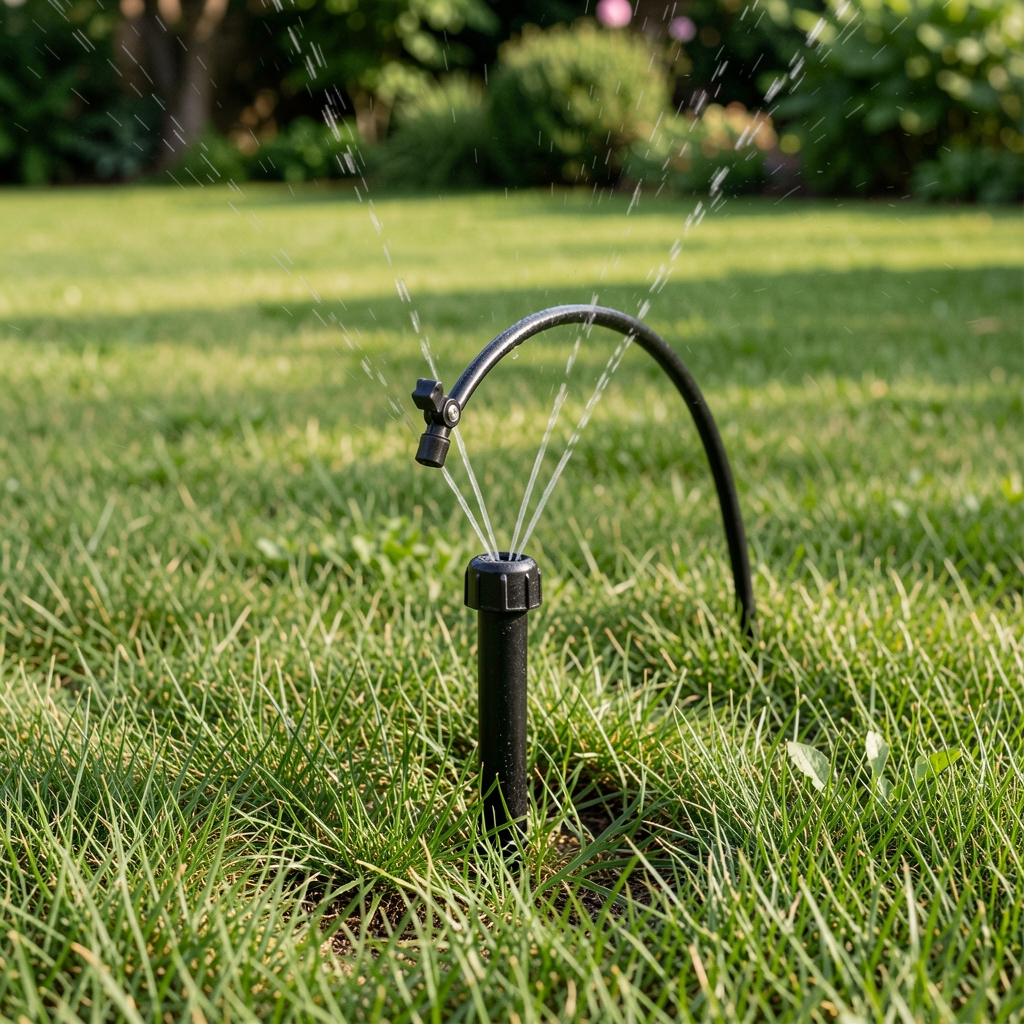 Aspersor emergente de jardín en plástico negro con arco de riego ajustable de 0 a 360 grados instalado en césped verde