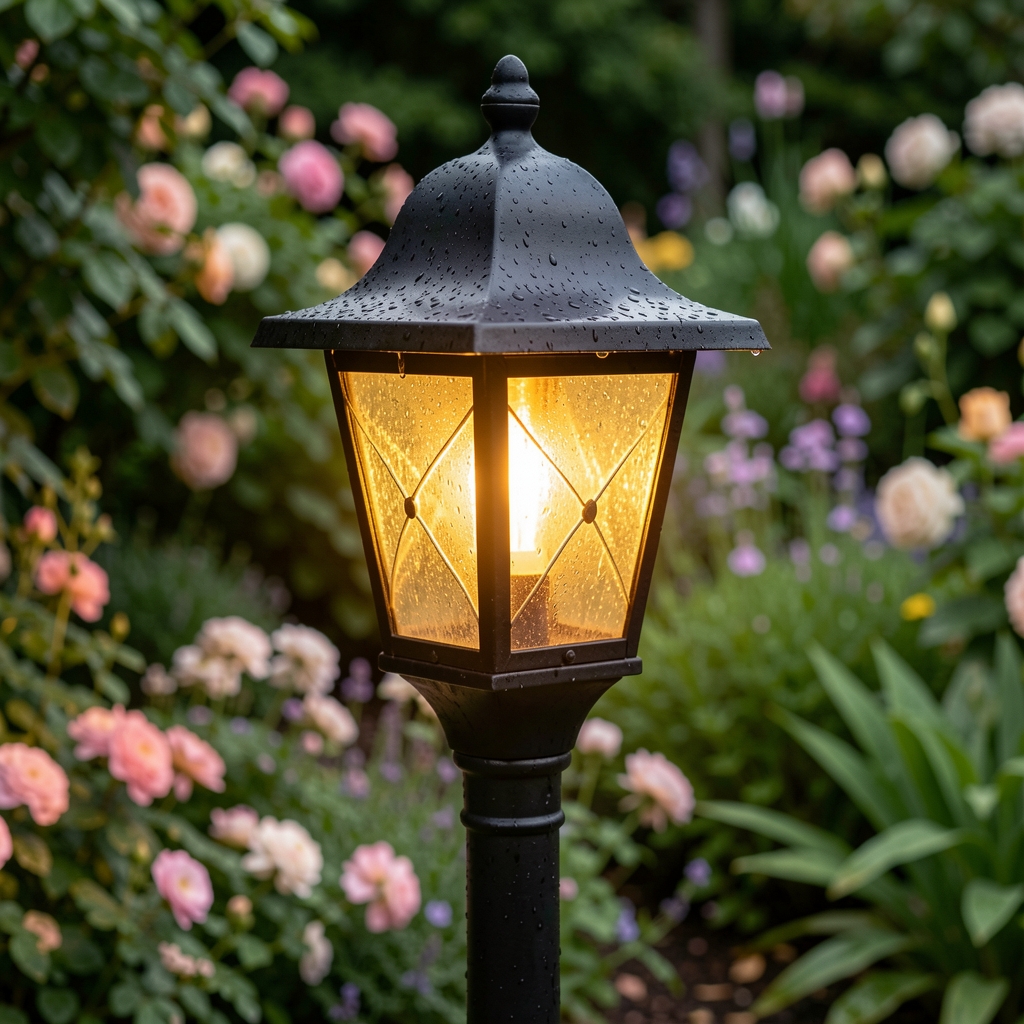 Farol solar de jardín estilo vintage con luz LED cálida y carcasa de metal negro resistente a la lluvia