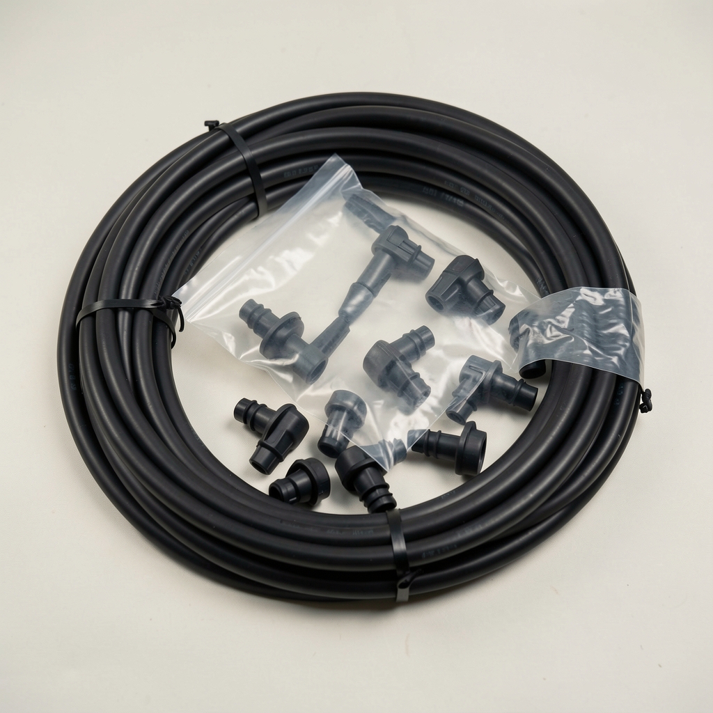 Kit completo de riego por goteo con tuberías de polietileno negro, goteros regulables y conectores en bolsa de instalación