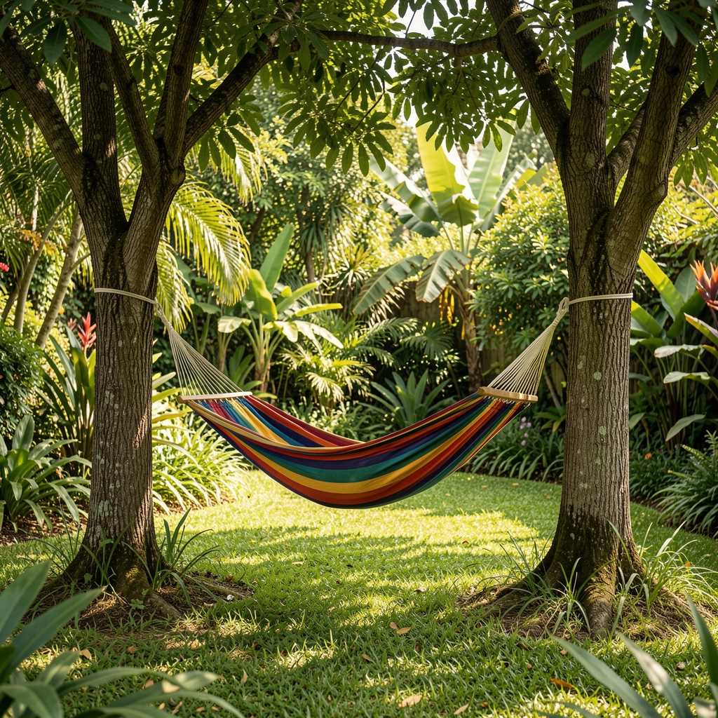 Hamaca paraguaya de tela resistente multicolor colgada entre dos árboles en jardín frondoso a la sombra