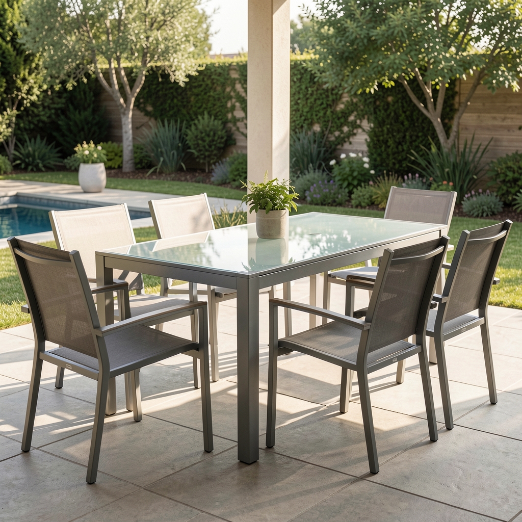 Juego de comedor de jardín 6 piezas en aluminio con tablero de vidrio templado y sillas con tapizado beige resistente a la intemperie