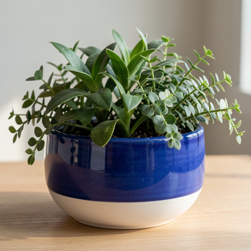 Maceta artesanal de cerámica esmaltada en azul cobalto y blanco con acabado brillante, diámetro 22cm, ideal para plantas de interior
