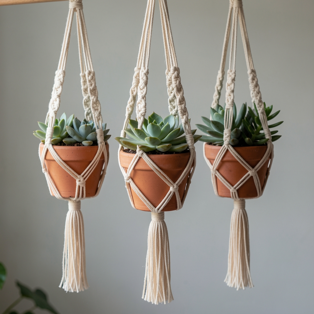 Juego de 3 macetas colgantes de macramé de algodón natural con macetas de barro pequeñas y plantas suculentas verdes