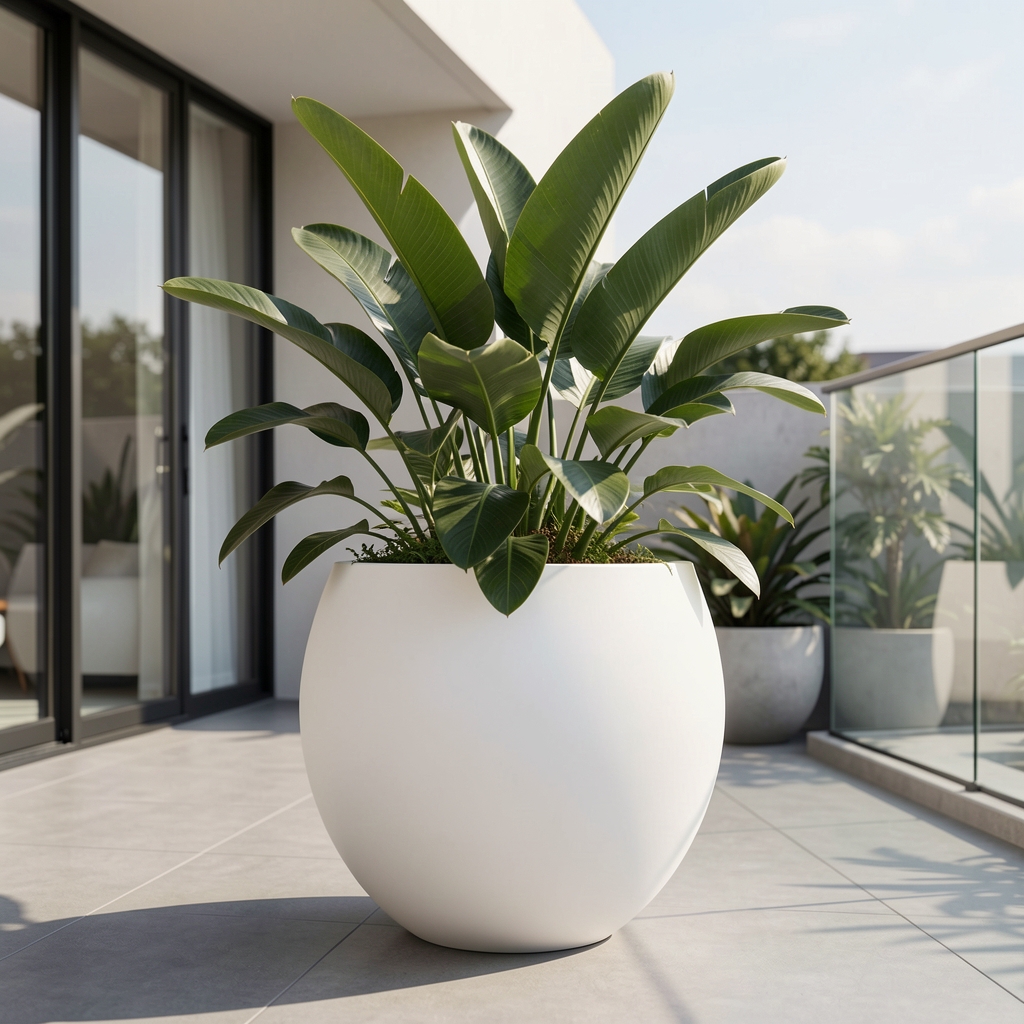 Macetón grande de fibra de vidrio color blanco mate con planta ornamental tropical dentro en terraza moderna