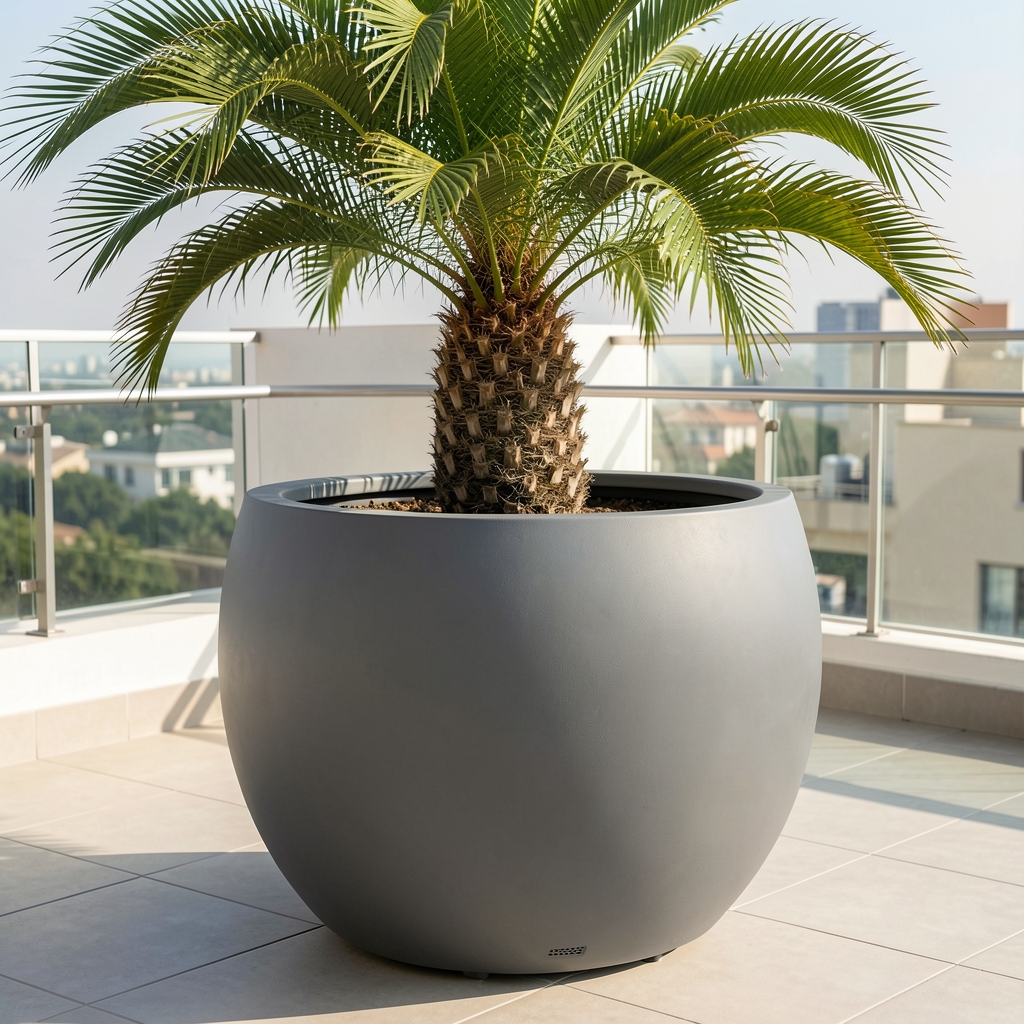 Macetón grande de fibra de vidrio color gris antracita de 60cm diámetro y 55cm de alto con drenaje para árbol o palmera en terraza