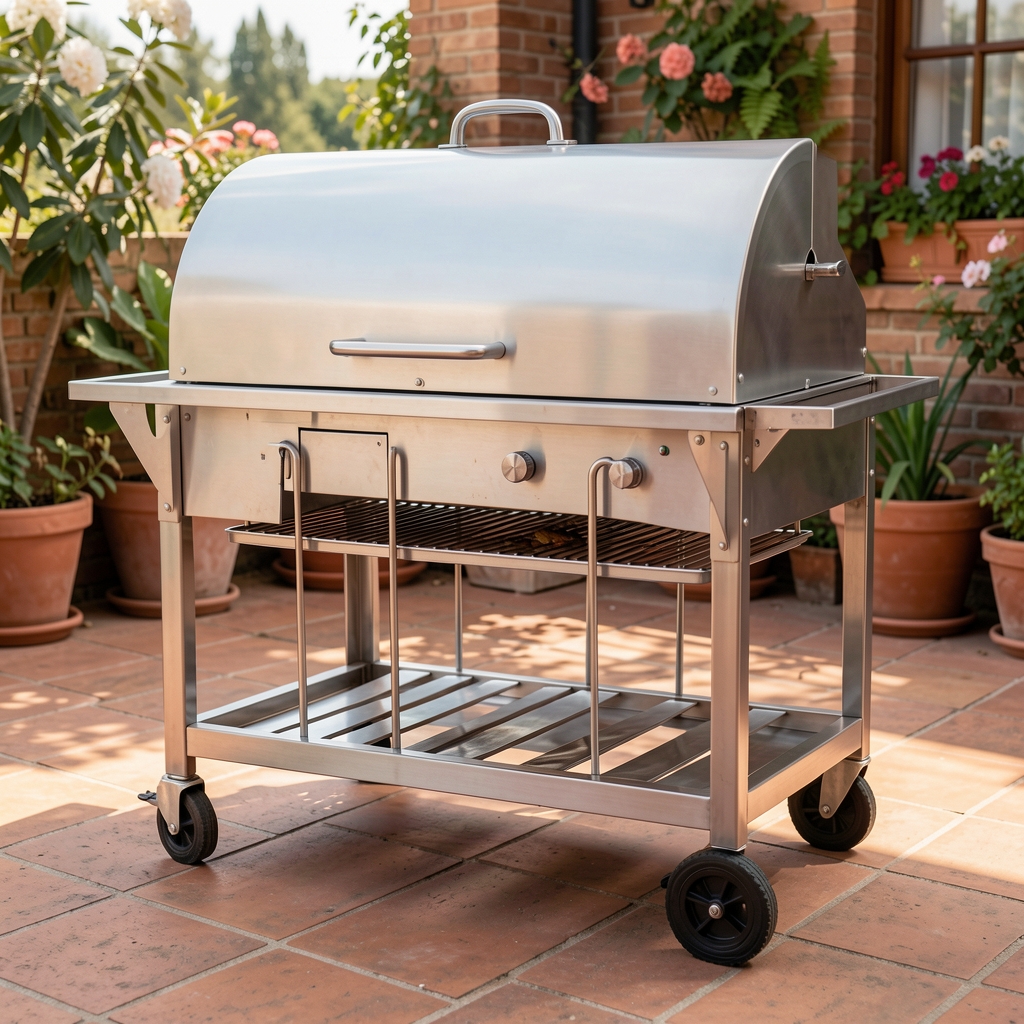 Parrilla criolla argentina de acero inoxidable con tapa ruedas y quemadores laterales para terraza o jardín