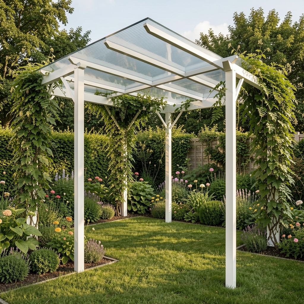 Pérgola de aluminio blanco de 3x4 metros con techo de policarbonato transparente instalada en jardín con plantas trepadoras