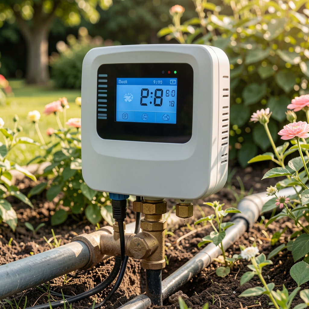 Controlador de riego automático inteligente con pantalla digital y temporizador conectado a tubería de jardín