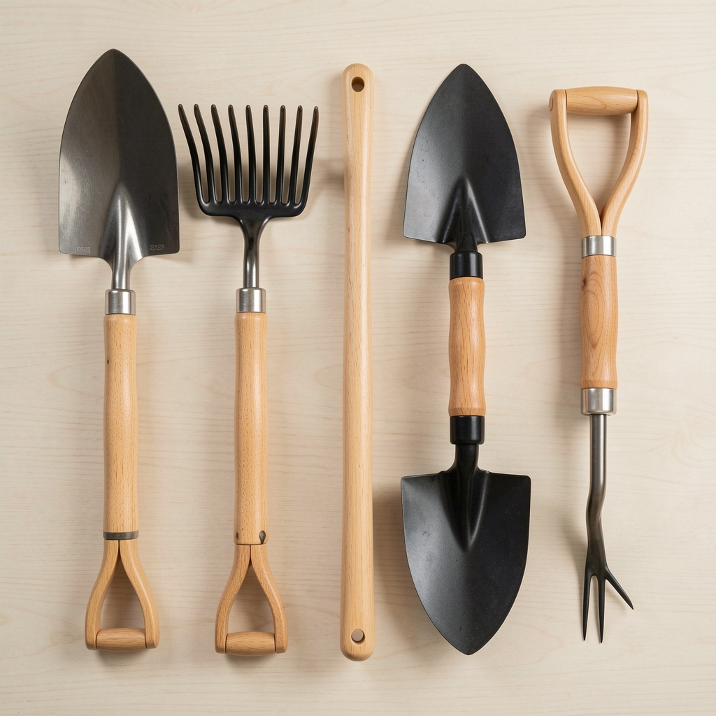 Set de 5 herramientas manuales de jardinería con mangos ergonómicos de madera de haya: pala, rastrillo, azada, cultivador y trasplantador