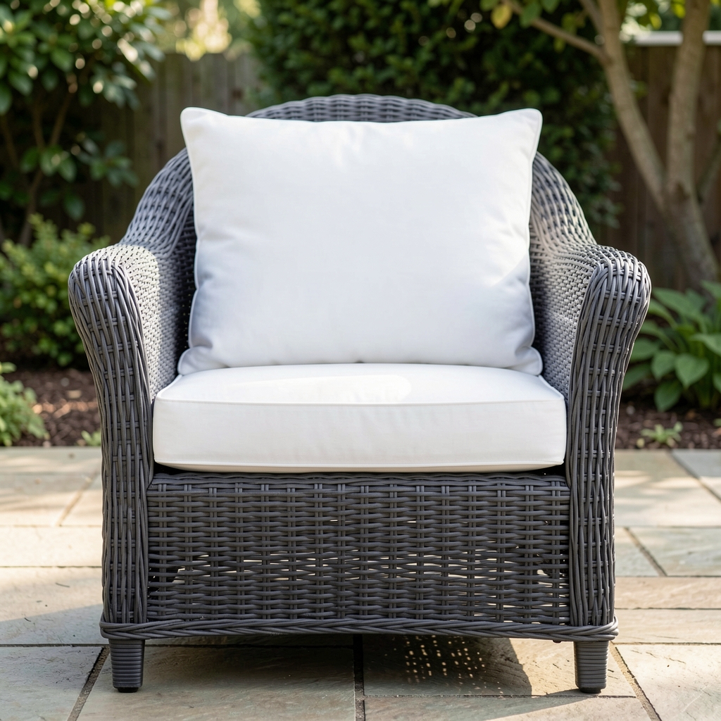 Sillón de ratán sintético gris oscuro con cojín blanco grueso para exteriores, resistente al agua y rayos UV