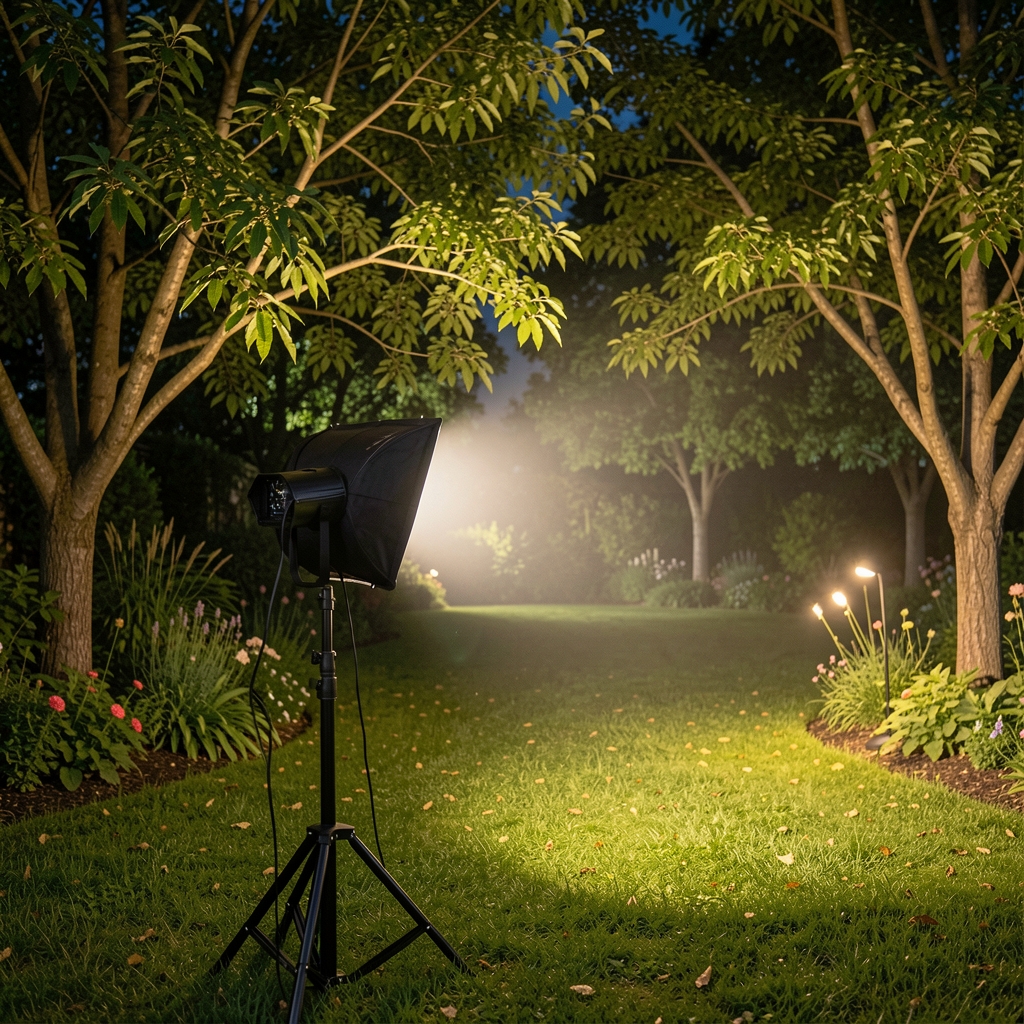 Reflector LED de 50W para jardín en color negro mate, montado en poste de acero galvanizado, iluminando un jardín moderno con plantas ornamentales de noche