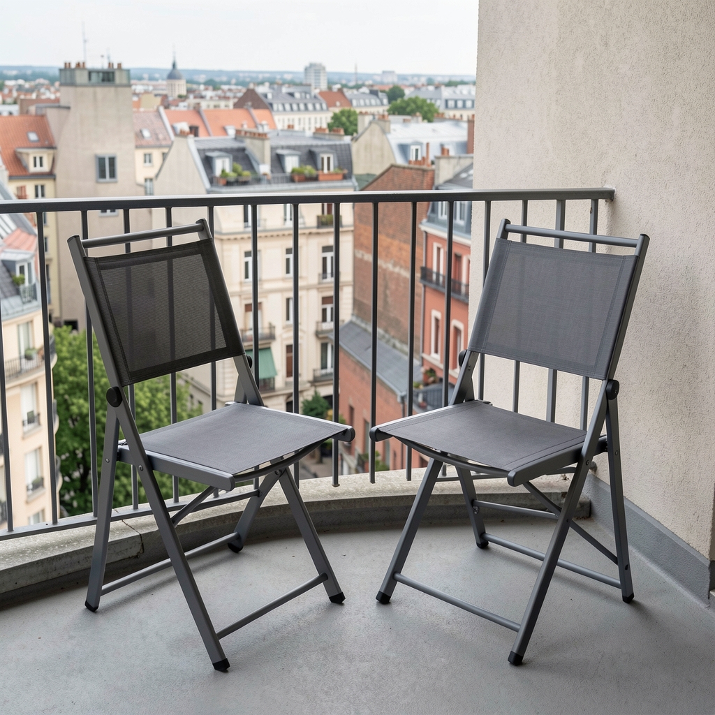 Par de sillas plegables para balcón en aluminio color antracita con asiento de textileno gris oscuro, sobre balcón pequeño con vista urbana